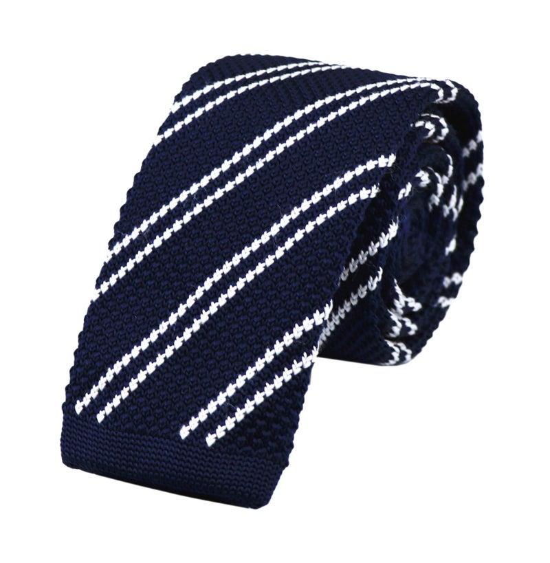 Secdtie Men's Wide Striped Navy Blue White Wool Knit Ties Border Patterned Slim Fashion Necktie for Wedding - Image 1
